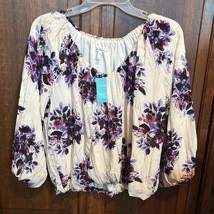 Maurice’s cream purple floral print size small Smocked Blouse